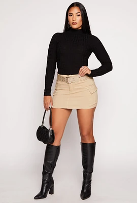 Womens Belted Mini Cargo Skirt, Khaki, Size M