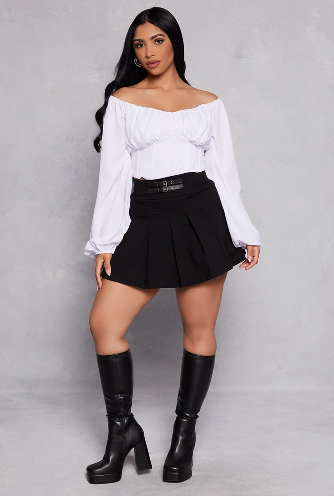 Womens Double Buckle Detail Pleated Skirt, Black, Size L