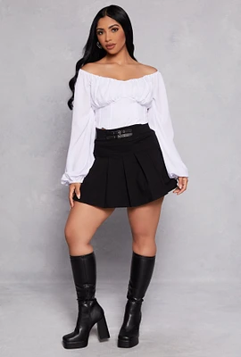 Womens Double Buckle Detail Pleated Skirt, Black, Size L
