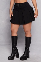 Womens Double Buckle Detail Pleated Skirt, Black, Size S
