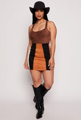 Womens Faux Suede Color Block Pencil Skirt, Brown, Size S