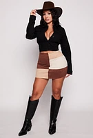 Womens Faux Suede Color Block Mini Skirt, Brown,