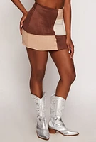 Womens Faux Suede Color Block Mini Skirt, Brown,