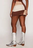 Womens Faux Suede Color Block Mini Skirt, Brown,