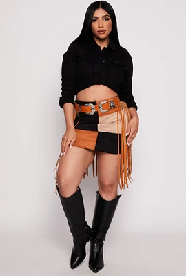 Womens Faux Suede Color Block Mini Skirt, Brown, Size S