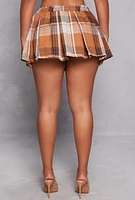 Womens Plaid Pleated Mini Skirt, Brown, Size L