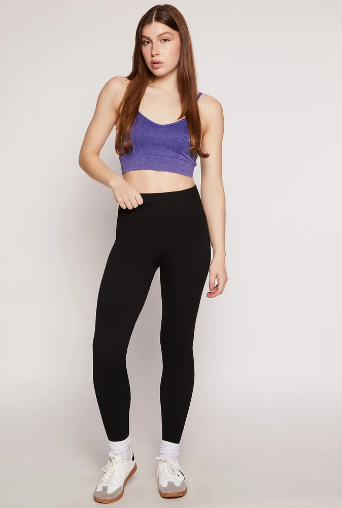 Womens Ribbed Knit Fleece Lined High Waist Leggings, Black, Size M-L