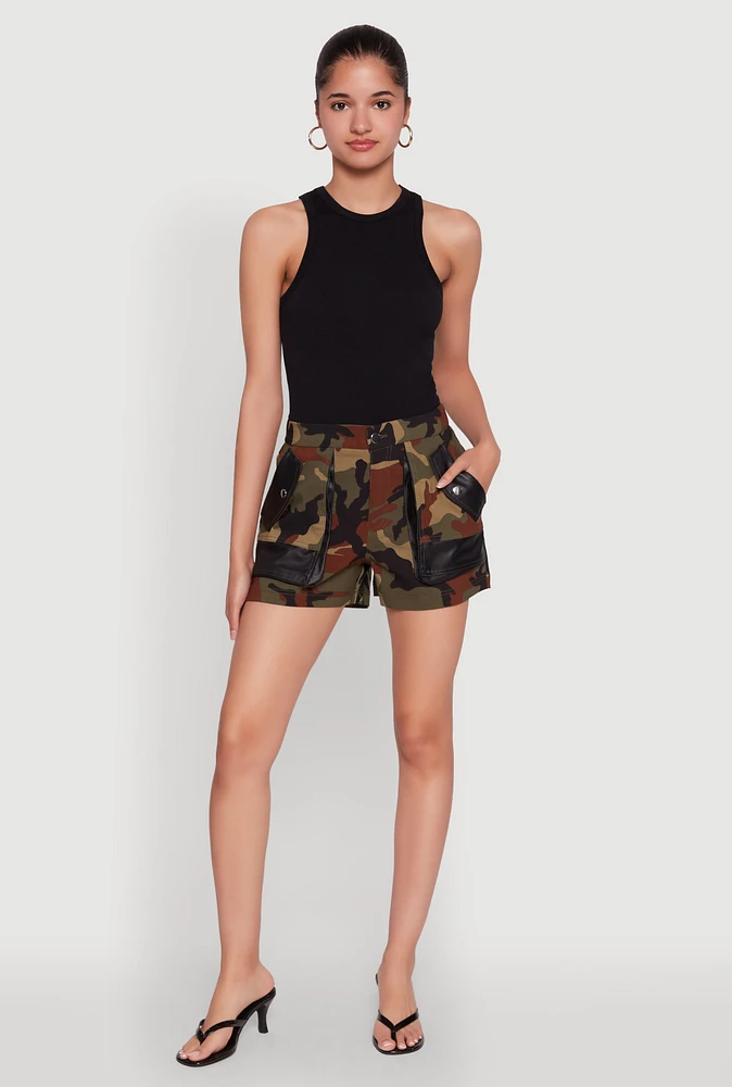 Womens Camouflage Shorts with Faux Leather Contrast Trim, Green, Size M