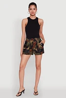 Womens Camouflage Shorts with Faux Leather Contrast Trim, Green, Size M