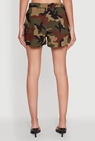 Womens Camouflage Shorts with Faux Leather Contrast Trim, Green, Size M