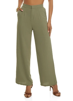 Womens Linen High Waist Wide Leg Pants, Green, Size M