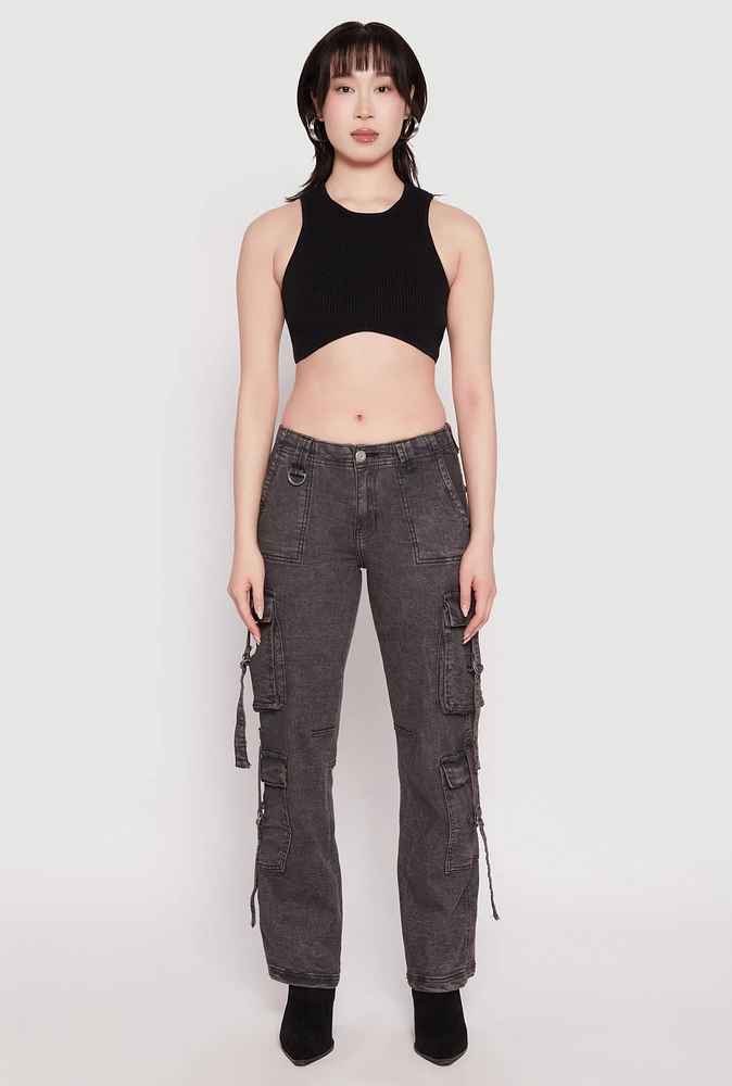 Womens Acid Wash Low Rise Cargo Jeans, Grey, Size XL