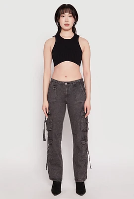 Womens Acid Wash Low Rise Cargo Jeans, Grey, Size XL