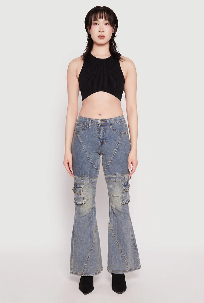 Womens Spoon Jeans Buckle Detail Flare Jeans, Blue, Size 7
