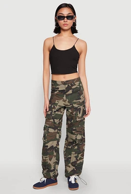 Womens Drawstring Hem Cargo Camouflage Joggers, Green, Size XL