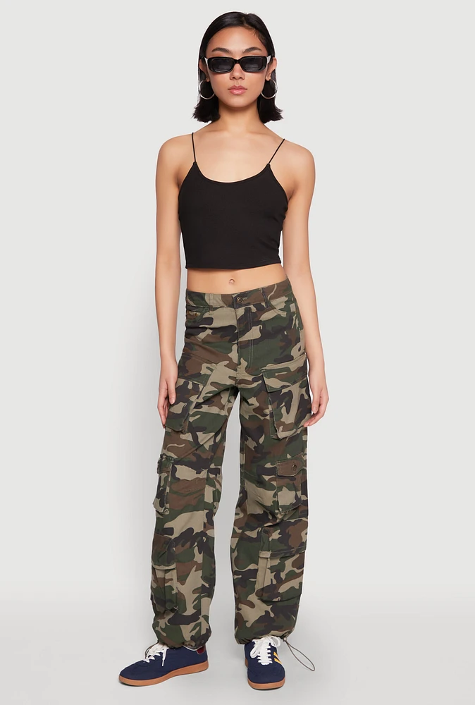 Womens Drawstring Hem Cargo Camouflage Joggers, Green, Size L