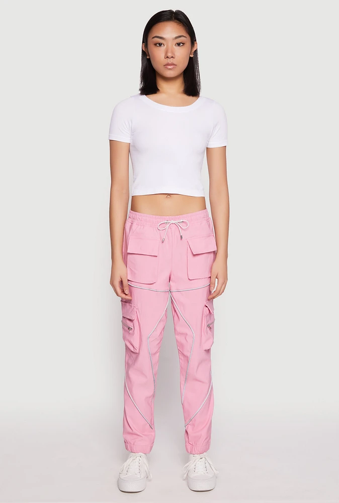 Womens Contrast Piping Hyperstretch Cargo Joggers, Pink, Size M