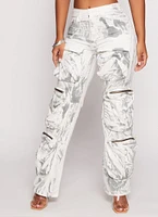 Womens Paint Splatter Zip Cargo Pants, Grey, Size S
