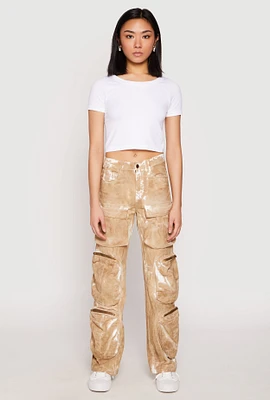Womens Paint Splatter Zip Cargo Pants, Khaki, Size L