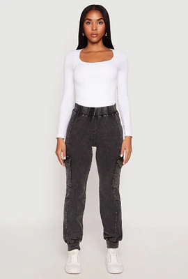 Womens Acid Wash High Waisted Pintuck Cargo Joggers, Grey, Size L