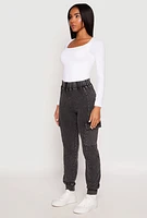Womens Acid Wash High Waisted Pintuck Cargo Joggers, Grey, Size L