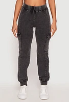 Womens Acid Wash High Waisted Pintuck Cargo Joggers, Grey, Size L
