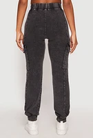 Womens Acid Wash High Waisted Pintuck Cargo Joggers, Grey, Size L