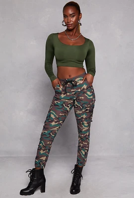 Womens Twill Camo Cargo Joggers, Multi, Size M