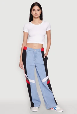 Womens Color Block Wide Leg Denim Joggers, Multi, Size S
