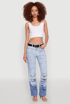 Womens Slashed Straight Leg Ombre Jeans, Blue,