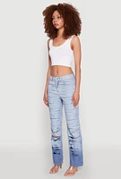 Womens Slashed Straight Leg Ombre Jeans, Blue,