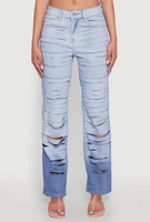 Womens Slashed Straight Leg Ombre Jeans, Blue,