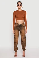 Womens Acid Wash Denim Cargo Joggers, Brown, Size M