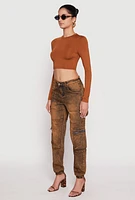 Womens Acid Wash Denim Cargo Joggers, Brown, Size M