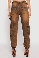 Womens Acid Wash Denim Cargo Joggers, Brown, Size M