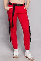Womens Release Buckle Belt Cargo Joggers, Red, Size M