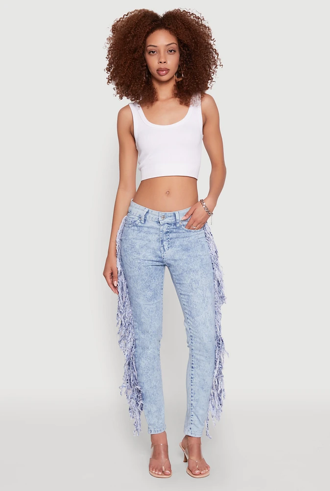 Womens Mineral Wash Fringe Jeans, Blue, Size 11