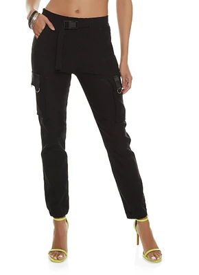 Womens Solid Buckle Detail Cargo Joggers, Black, Size M