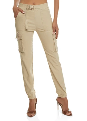 Womens Solid Buckle Detail Cargo Joggers, Khaki, Size M