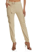 Womens Solid Buckle Detail Cargo Joggers, Khaki, Size L