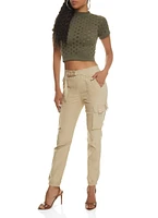 Womens Solid Buckle Detail Cargo Joggers, Khaki, Size L