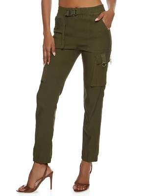 Womens Solid Buckle Detail Cargo Joggers, Green, Size L