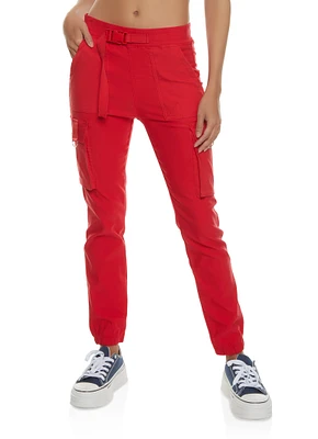 Womens Solid Buckle Detail Cargo Joggers, Red, Size L