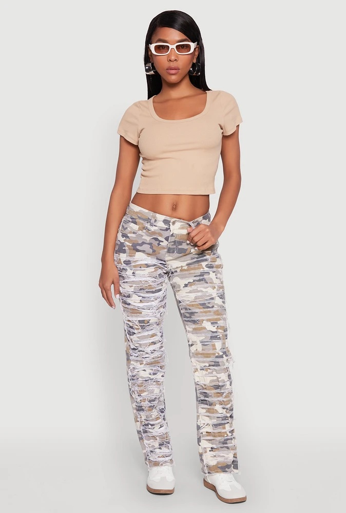 Womens Patch and Repair Distressed Camo Pants, Multi, Size 5