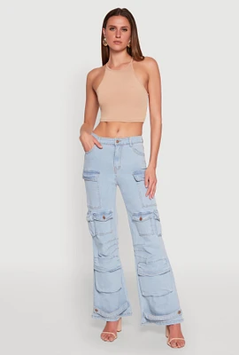 Womens Daisy Cargo Pocket Flare Jeans, Blue, Size L