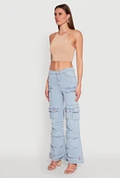 Womens Daisy Cargo Pocket Flare Jeans, Blue, Size L