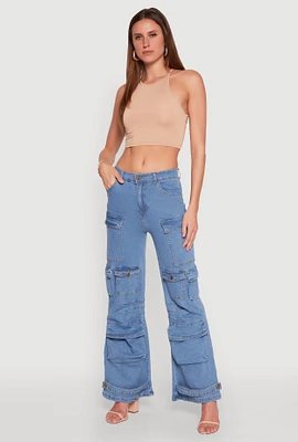 Womens Daisy Cargo Pocket Flare Jeans, Blue, Size XL