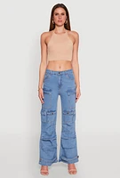 Womens Daisy Cargo Pocket Flare Jeans, Blue, Size XL