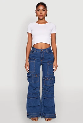 Womens Daisy Cargo Pocket Flare Jeans, Blue,