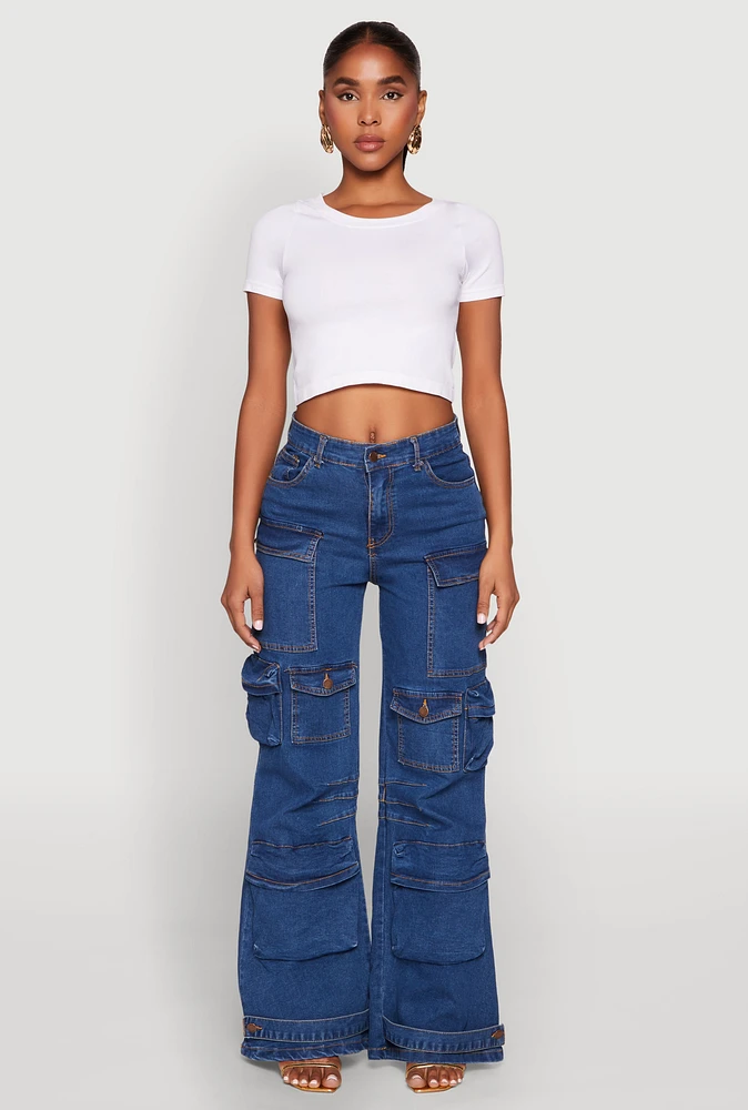 Womens Daisy Cargo Pocket Flare Jeans, Blue, Size S